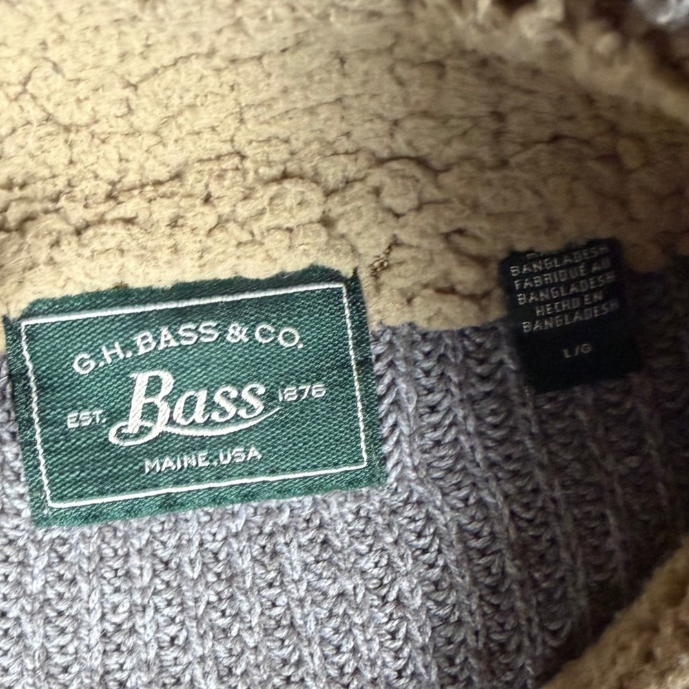 GH Bass Mens Gray Ribbed Mock Neck Button Sweater Sherpa Collar Large - Picture 3 of 8